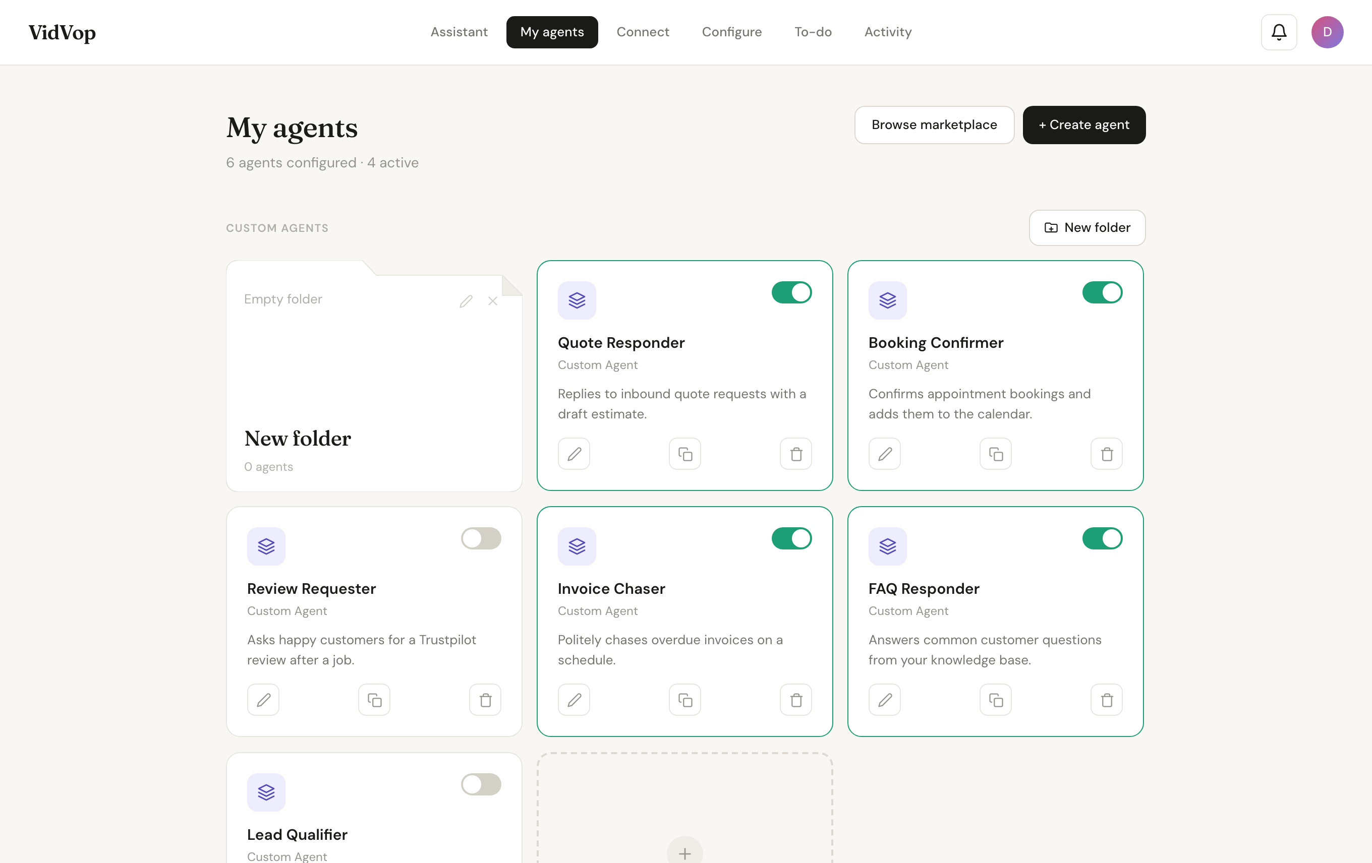 The VidVop agents screen — custom email agents like Quote Responder, Booking Confirmer and Invoice Chaser, each with an on/off switch.