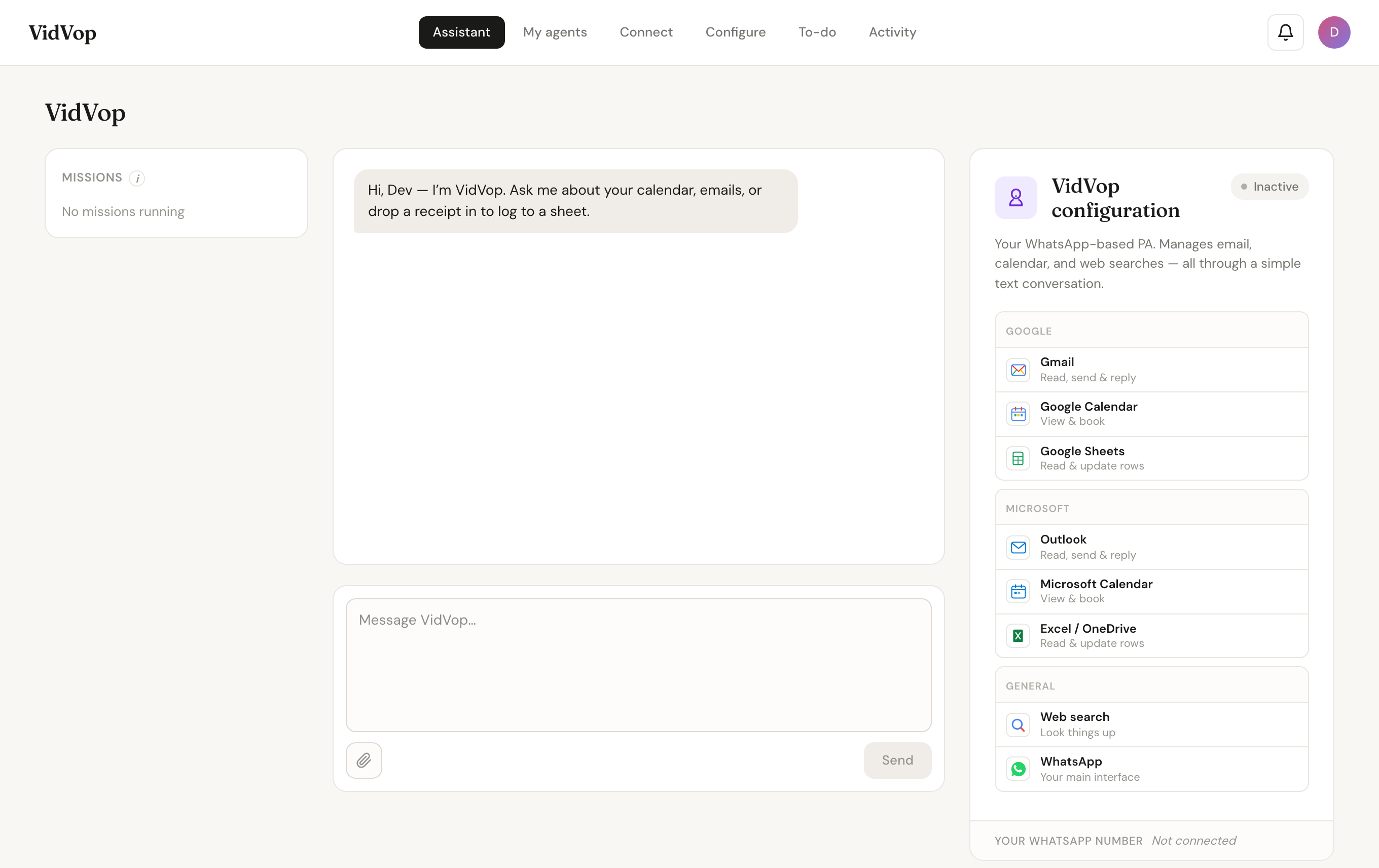 The VidVop assistant screen — a chat with your AI assistant alongside its connected Gmail, calendar, spreadsheet and web-search tools.