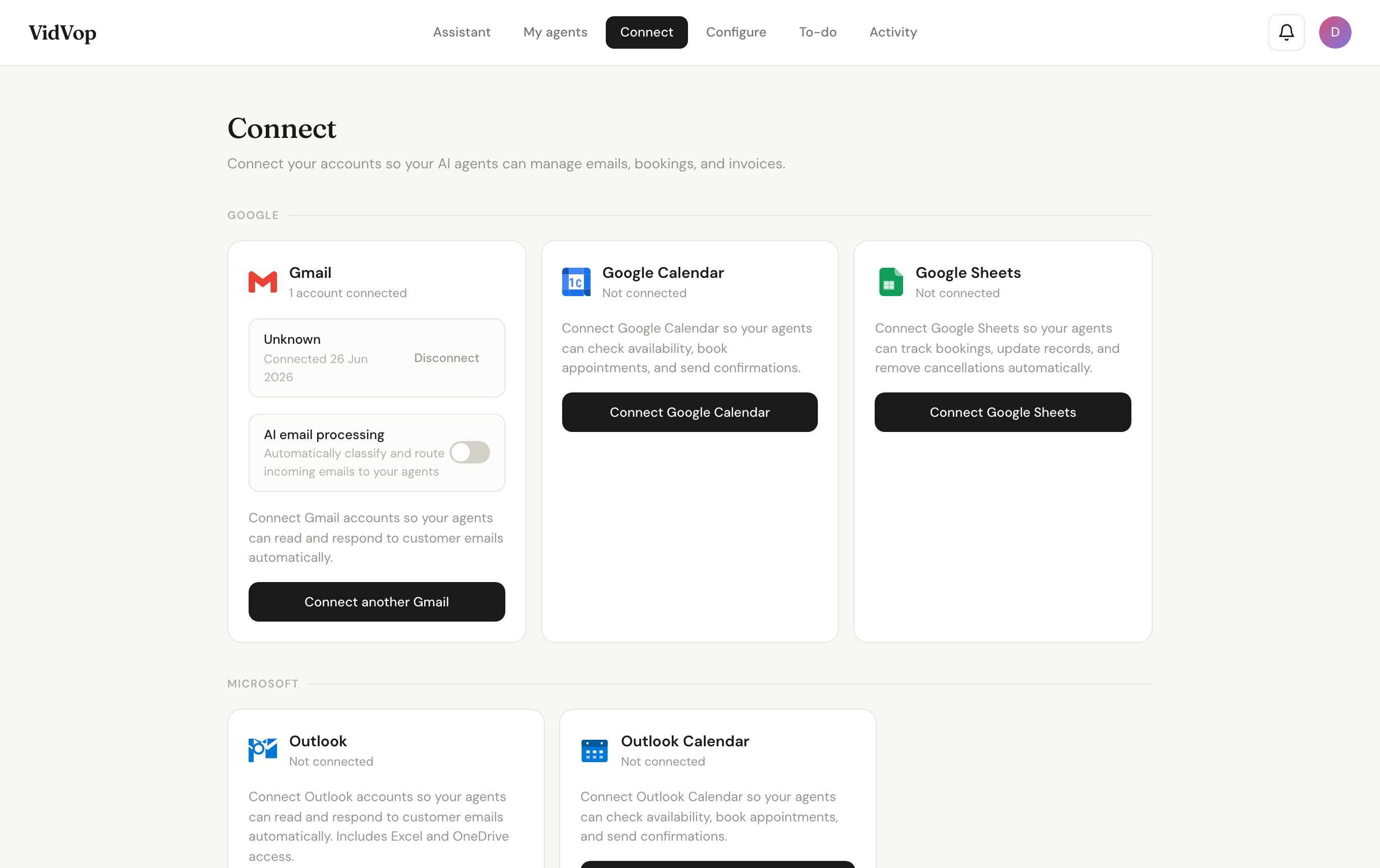 The VidVop connect screen — linking Gmail, Google Calendar, Google Sheets and Outlook accounts.